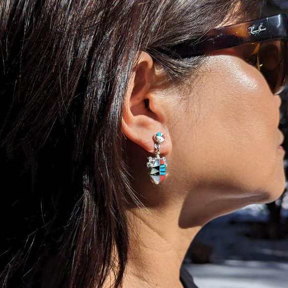 Zuni Earring Multi Stones Sterling Silver Inlay‎ Native American Jewelry *** - Picture 6 of 8